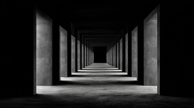 repeating door frames aligned into infinite perspective, fading into darkness, strong depth and symmetry, black and white photography