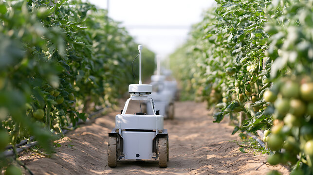 Autonomous agricultural robot navigate through row of tomato plant in modern greenhouse farm technology concept for smart farming and crop care