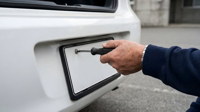 Man hand installing blank white license plate on car using screwdriver for vehicle registration