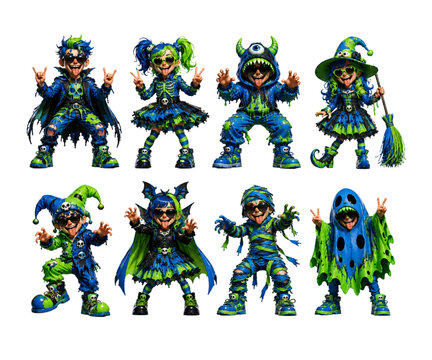 Playful people in colorful spooky Halloween costumes featuring monsters, witches, mummies and ghosts vector designs