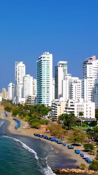 Aerial view of the coastline and modern skyscrapers in Cartagena, Colombia