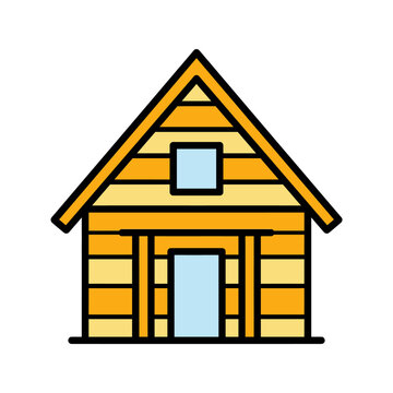 Flat vector log cabin house icon, yellow wooden cottage with blue windows and door, bold outline illustration for real estate and travel apps