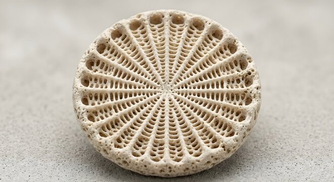Microscopic view of a biomorphic diatom lattice structure in matte travertine