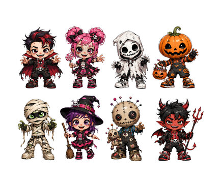 Cute people in spooky Halloween costumes featuring vampires, witches, mummies and pumpkin characters vector designs