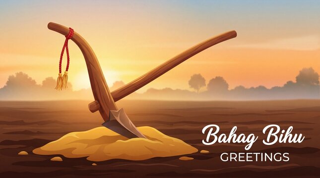 Traditional wooden plow rests in a field with text Bahag Bihu Greetings