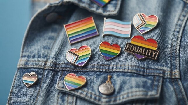 Pride pins and badges on a denim jacket