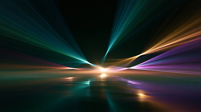 Abstrakte bunte Lichtstrahlen in Gr&uuml;n, Violett und Gold auf dunklem Hintergrund, futuristisches Design f&uuml;r Technologie und Musik.