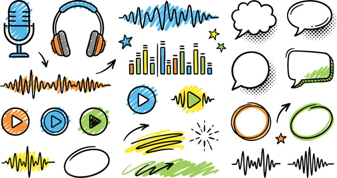 Colorful podcast audio icons set with microphones headphones speech bubbles and sound waves