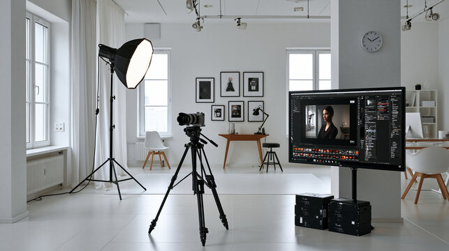 Modernes Fotostudio mit Blitzlicht, Kamera auf Stativ und Computer-Bildschirm, minimalistische wei&szlig;e Einrichtung f&uuml;r Fotografen