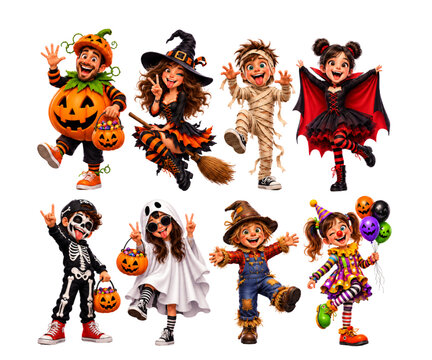 Funny children and adults in playful Halloween costumes featuring pumpkins, witches, ghosts and mummies vector design