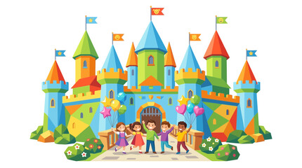 Naklejka premium Colorful Cartoon Castle with Happy Children