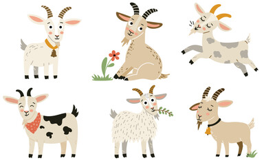 Fototapeta premium Cute Farm Goat Set with Different Goat Characters, Kids and Dairy Goats, Hand Drawn Rustic Farm Animal Vector Illustrations
