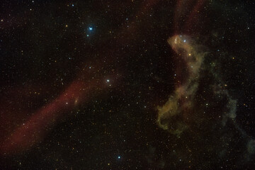 A wide astronomical view of deep space showing the Gecko Nebula alongside dark clouds and faint stars. © Oleksii