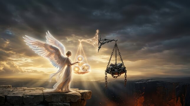 Surreal photography of a divine angel balancing light and darkness on a celestial scale of justice over an abyss