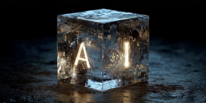 Transparent ice cube containing glowing circuitry and illuminated letters on a dark, moody background.