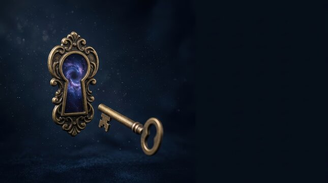 Conceptual storytelling narrative of an ornate vintage keyhole revealing a cosmic galaxy with a floating skeleton key against a dark mystical background for discovery.