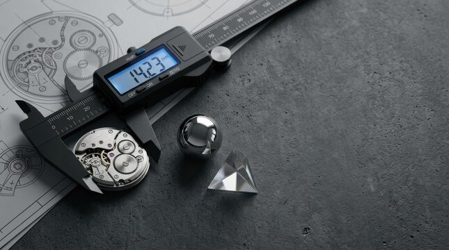 Precision engineering and watchmaking conceptual storytelling narrative featuring digital caliper measuring mechanical movement on technical blueprints