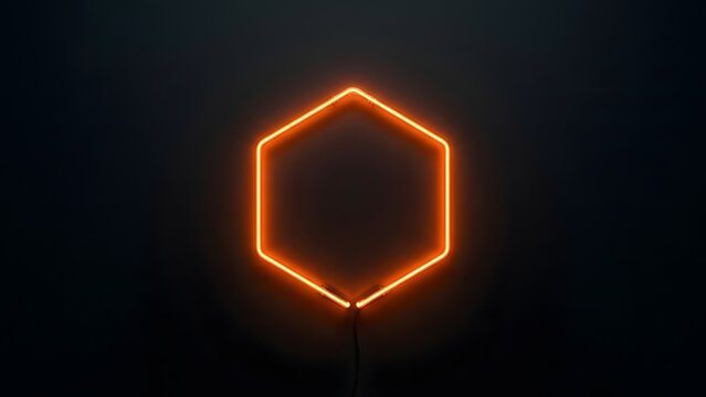 Glowing orange hexagon neon sign on a dark background, abstract geometric shape