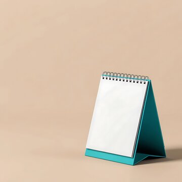 Blank spiral desktop calendar mockup with teal base on a soft beige background