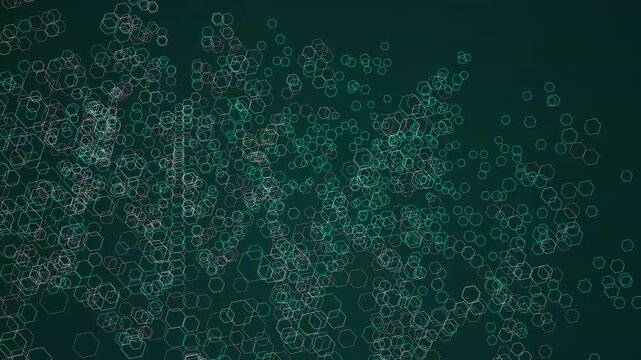 Floating teal hexagon shapes scattered across a dark moody surface representing modern scientific data connection patterns