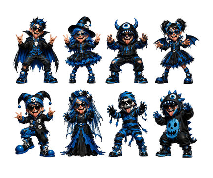 Playful people in stylish blue Halloween costumes featuring vampires, witches, monsters and mummies vector designs
