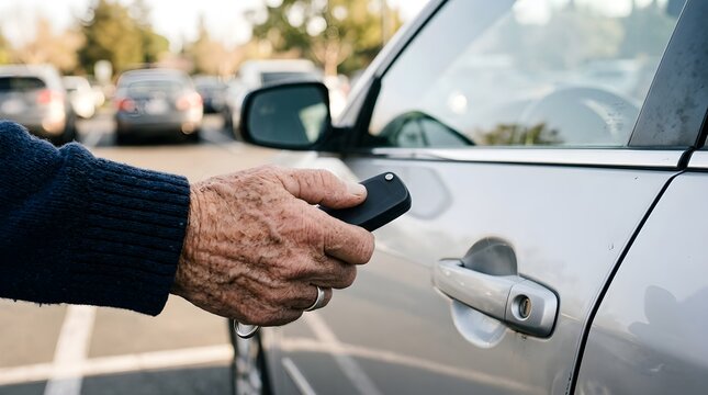 Senior man hand holding car remote key fob to unlock silver vehicle in outdoor parking lot