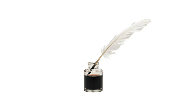 White feather quill pen resting inside a small glass inkwell filled with dark black ink on a plain surface isolated on a transparent background