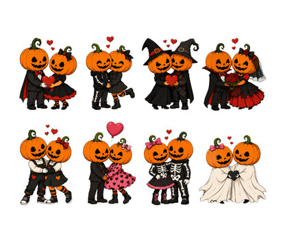 Romantic pumpkin couples celebrating Halloween in spooky costumes and festive seasonal vector designs