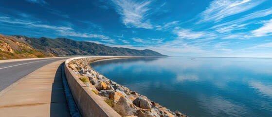 Fototapeta premium Coastal highway protected by a reinforced seawall beside calm ocean water under a blue sky, resilient transportation infrastructure designed for long term climate adaptation and coastal protection