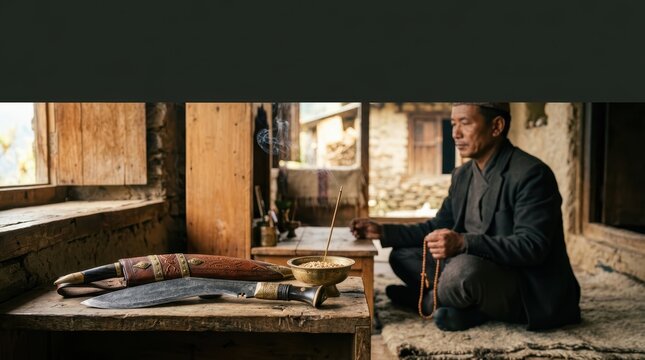 Faith and spirituality photography of a traditional Nepalese man praying with mala beads near a kukri knife and burning incense, with ample copyspace for design.