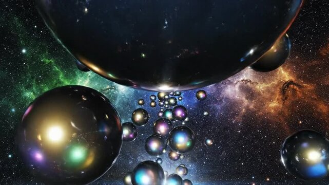 Visualizing Multiple Universes as Spheres in a Vibrant Cosmic Landscape with Nebulae and Stars