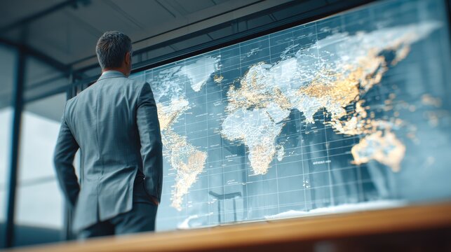 Corporate executive analyzing a global relocation strategy on a large digital world map in a modern boardroom, assessing geographic risk and international operations for business resilience