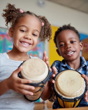 Happy African American children playing hand drums together in a colorful classroom, smiling while exploring music, rhythm and creativity through engaging early childhood developmental learning.