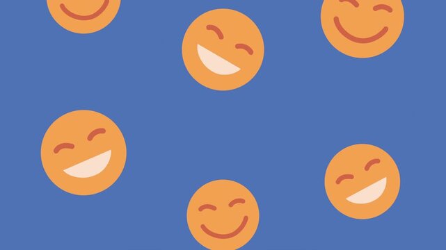 Animated orange smiling emoji icons falling against blue background for social media and communication concepts.