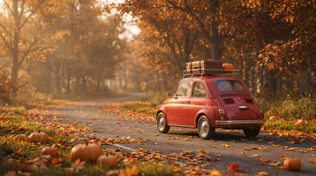 Fall Habits and Autumn Road Trip: Classic Red Car Traveling Through a Leaf Covered Country Road With Pumpkins