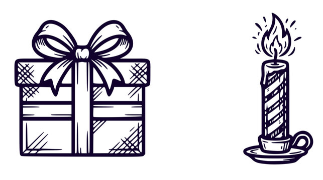 Purple Gift Box and Lit Candle Hand Drawn Vector Illustration