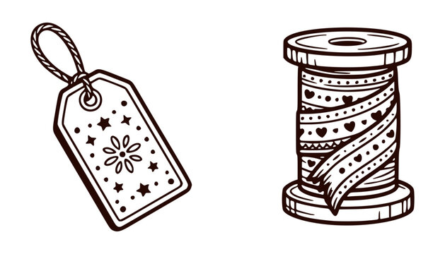 Vintage Craft Tag and Ribbon Spool Illustration for Gift Packaging