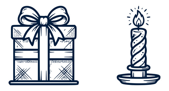 Blue Gift Box and Burning Candle Line Art for Holiday Celebration