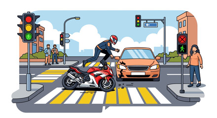 Naklejka premium Motorcyclist involved in a collision with a car at a crosswalk with pedestrians