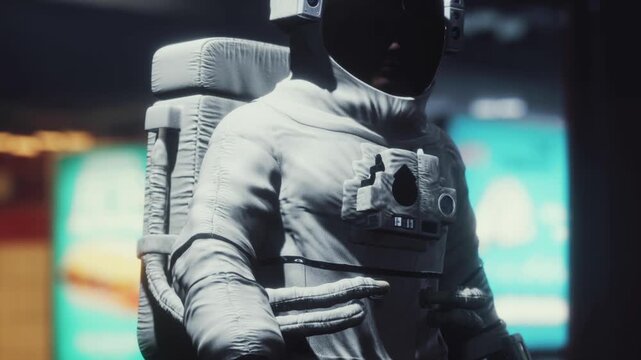 An astronaut in a space suit walks through a busy city street. Bright neon signs illuminate the scene as people move around. The astronaut looks around, observing the activity.