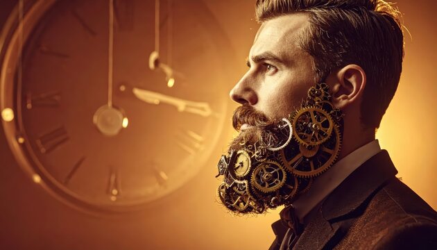 Conceptual Steampunk Portrait of a Man with Clockwork Gears in Beard and a Large Blurred Clock Face Background with Copy Space