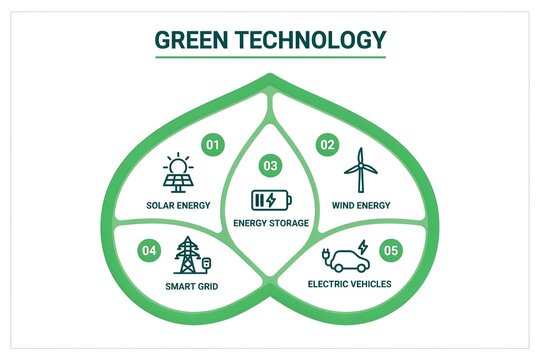 Green technology infographic with renewable energy icons and sustainable power concepts