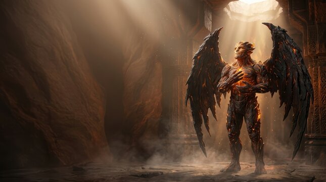 A powerful volcanic entity seeking redemption under a heavenly beam of light in a dark cave, faith and spirituality photography, copyspace for text.