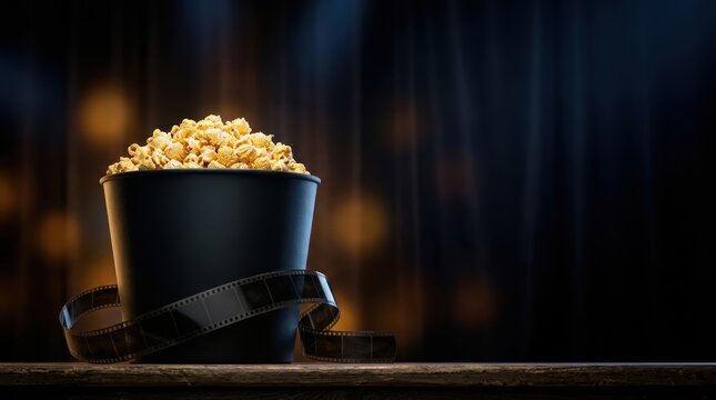 Conceptual narrative of cinema featuring a popcorn bucket wrapped in a film strip on a wooden table, illustrating the theme of storytelling in movie entertainment.