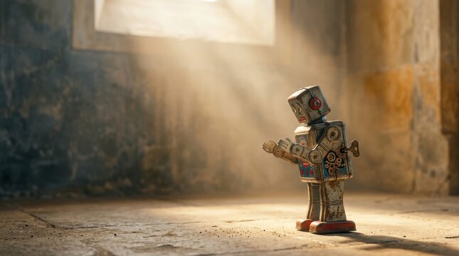 Vintage tin robot in prayer under a divine light beam, faith and spirituality photography, copyspace