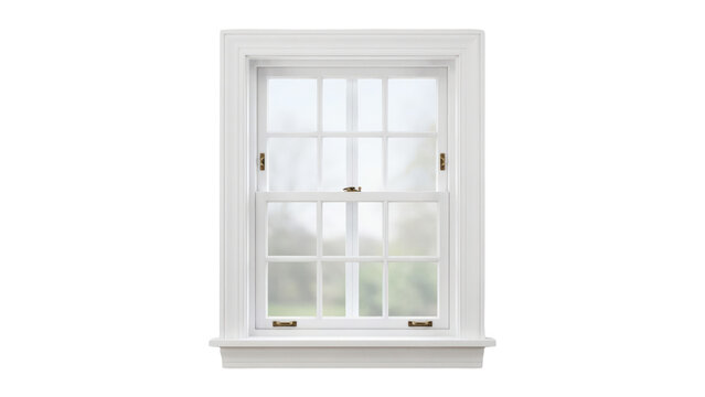 White wooden sash window with twelve panes and brass hardware latches isolated on a transparent background