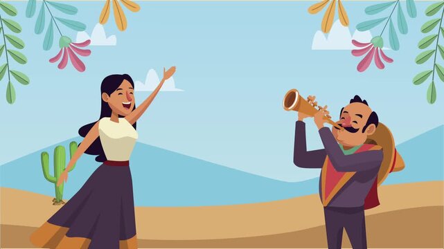 Mexican mariachi playing trumpet with dancing woman in desert landscape background and festive floral animation.