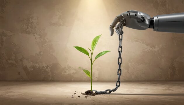 Robotic hand holding a metal chain around a small green plant sprout against a textured wall with copy space, illustrating the control of technology over the environment.