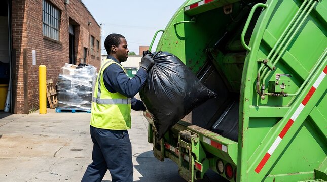 African American sanitation worker in a safety vest lifting a heavy black trash bag into a truck