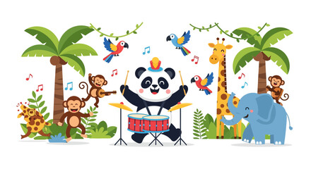 Naklejka premium Jungle Band Party: Panda Drums, Monkeys Play Guitar, Giraffe, Elephant, Parrots